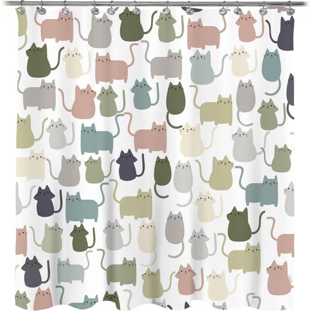 Sunlit Design Lovely Sage Green Cartoon Cats Fabric Shower Curtain Cute Cats Bathroom Decoration Curtains for Baby Kids Children 71x71