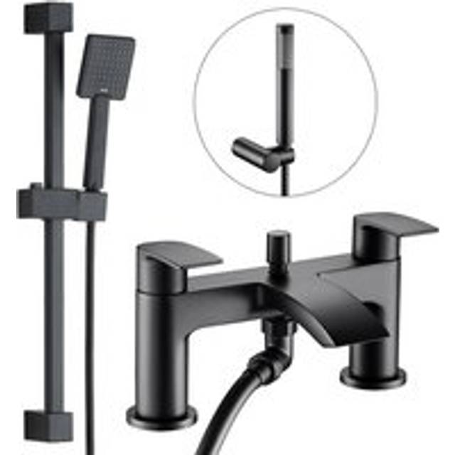 Buyaparcel - Square Matt Black Bath Mixer Shower Waterfall Tap Deck Mounted + Riser Rail