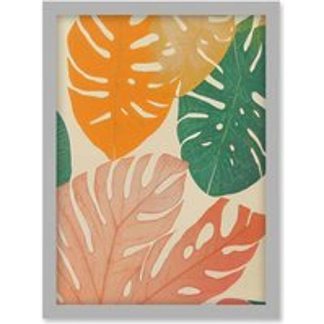 Pastel Monstera Leaves Botanical Artwork Framed Wall Art Print A4 - Light Grey - One Size