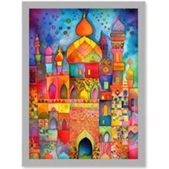 Eid Dates Mosque Temple Folk Art Watercolour Painting Artwork Framed Wall Art Print A4 - Grey - One Size