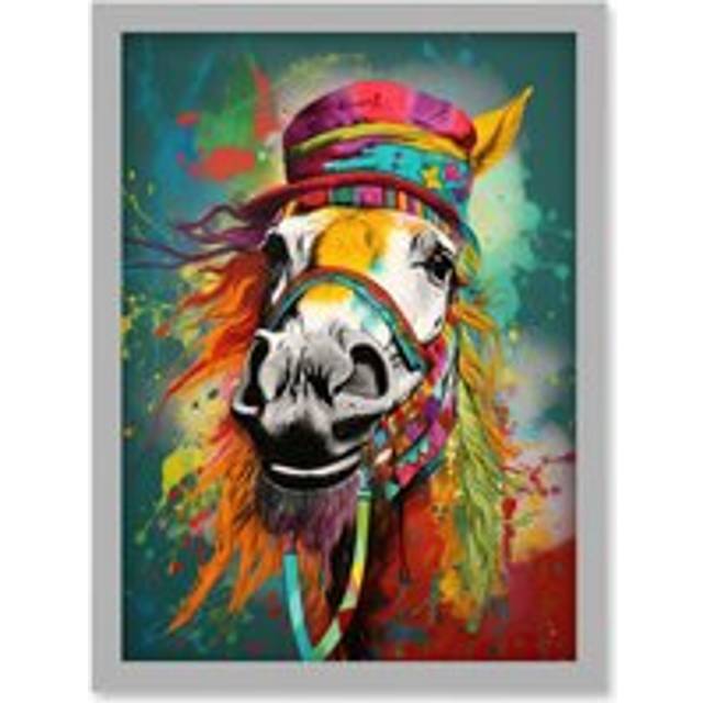 Hippie Horse with Multicoloured Hat and Bridles Artwork Framed Wall Art Print A4 - Grey - One Size