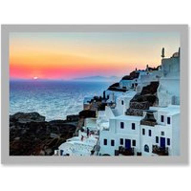 Photo Scenic Sunset Oia Santorini Greece Buildings Artwork Framed Wall Art Print A4 - Grey - One Size