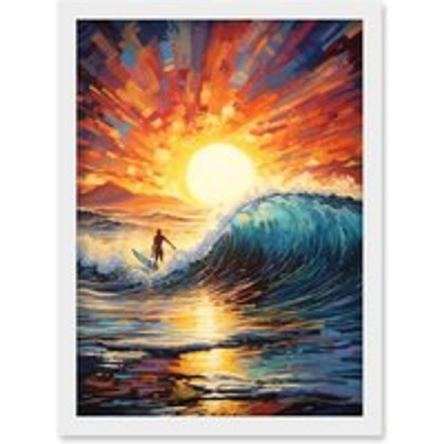 Wall Art Print Sunset Surf Waves Surfing Artwork Vibrant Blue Purple Orange Setting Sun Behind Surfer in Wavy Seascape Artwork Framed A4 - White - A4