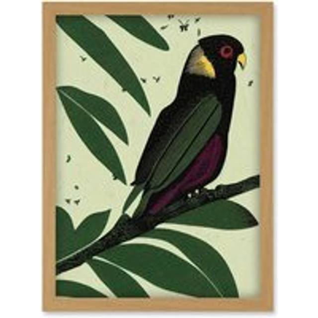Wild Parrot On Tree Branch Vintage Linocut Illustration Artwork Framed Wall Art Print A4 - Tan - One Size