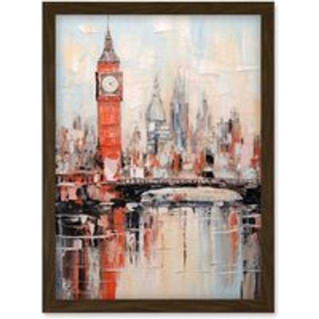 Wall Art Print London Skyline Abstract Oil Painting Thick Paint Red Big Ben River Thames Westminster Bridge England City Artwork Framed A4 - Brown - A