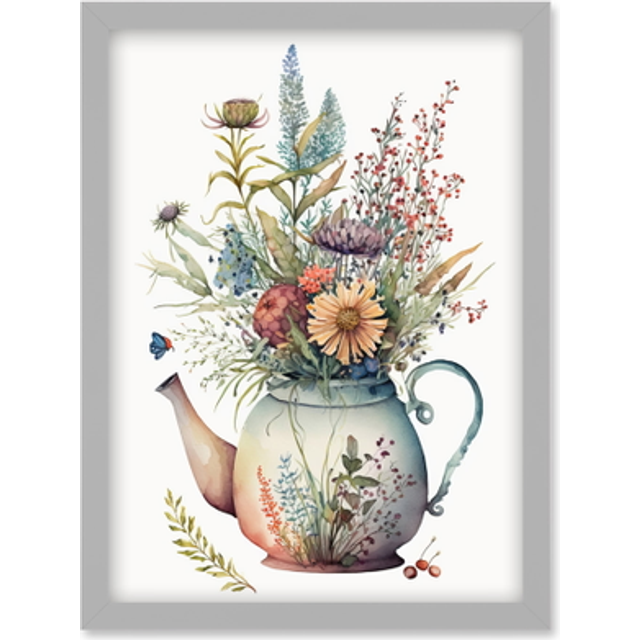 Wildflower Floral Bouquet in China Pattern Teapot Artwork Framed Wall Art Print A4 - Grey - One Size