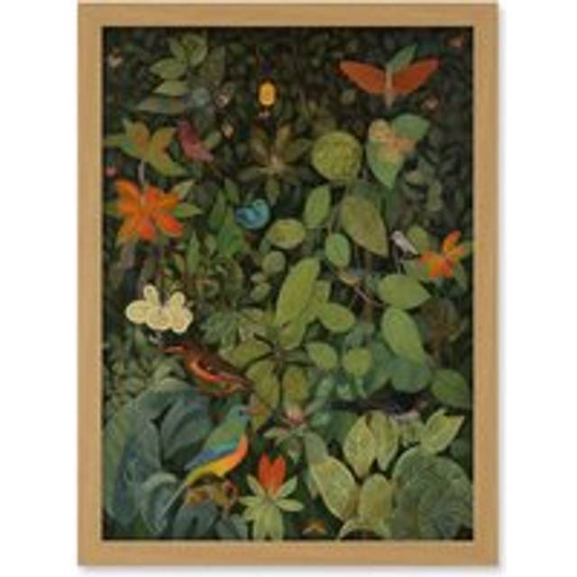 Audubon Style Birds and Insects in Jungle Artwork Framed Wall Art Print A4 - Tan - One Size