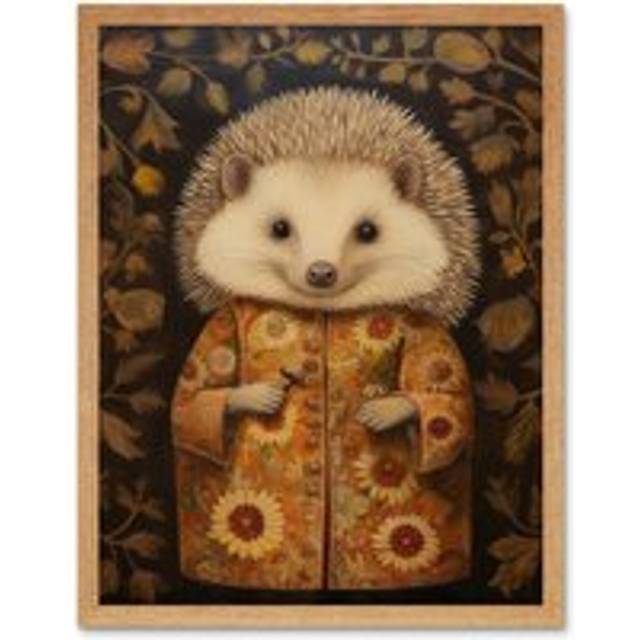 Wall Art Print Autumn Hedgehog in Sunflower dressing gown Modern Artwork Art Framed - Tan - W12 inch x H16 inch