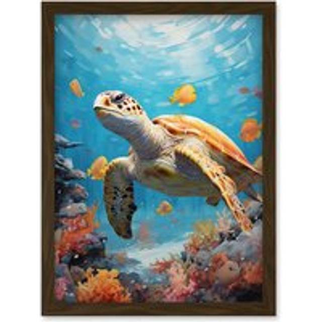 Wall Art Print Loggerhead Sea Turtle in Coral Reef Bright Detailed Artwork Caretta Swimming with Yellow Striped Fish Artwork Framed A4 - Brown - A4