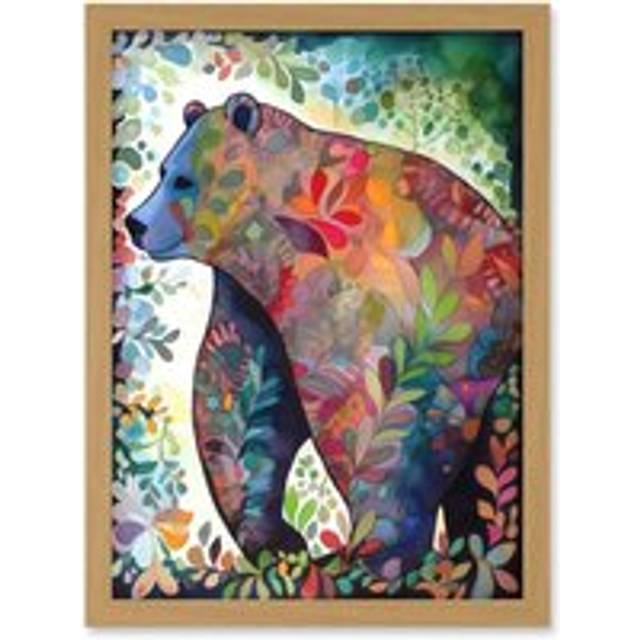 Grizzly Bear With Botanical Patterns Folk Art Watercolour Painting Artwork Framed Wall Art Print A4 - One Size - Tan