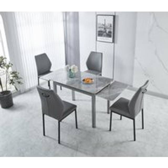 Modernique Sintere Stone Top Extending Table And 4 Faux Leather Chairs Dining Set In Grey - One Size
