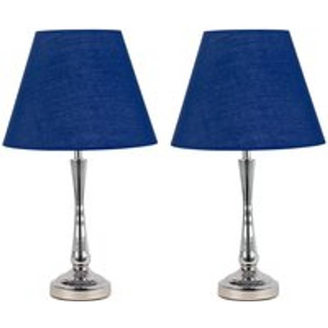 Set of 2 chrome table lamp bedside light stem detail navy blue shades