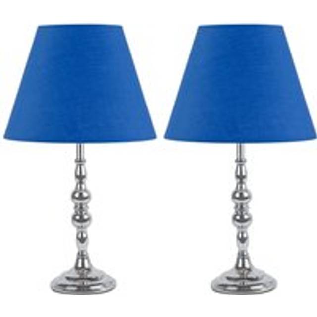 Set of 2 Chrome Table Lamps with Decorative Stem and Royal Blue Shades