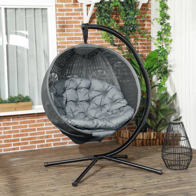 Outsunny Hanging Swing Chair w/ Metal Stand & Side Pocket - Charcoal Grey | TJ Hughes