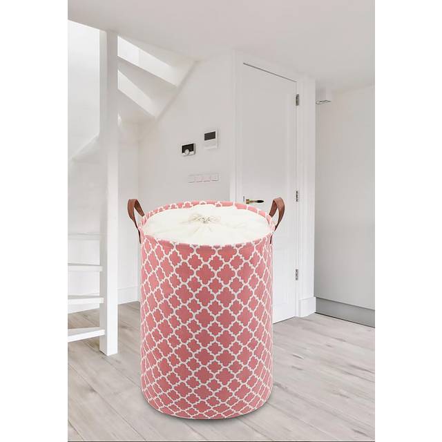 60L Large Laundry Basket With Drawstring, Collapsible Laundry Hamper With Leather Handle, Round Folding Washing Storage For Bedroom, Bathroom - Pink (20cm H X 15cm W X 15cm D)
