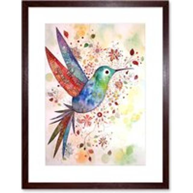 Wall Art Print Hummingbird With Flower Patterns Folk Art Watercolour Painting Artwork Framed 9X7 Inch - Brown - W7 inch x H9 inch