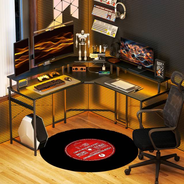 HOMCOM 'L' Shaped Work Desk, with LED Lights - Black, none