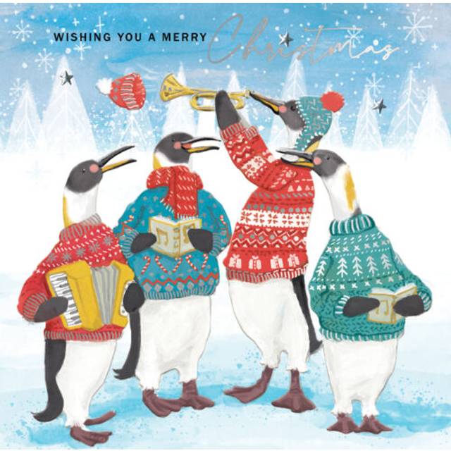 Penguin Carol Singers Luxury Hand-Finished Foiled Christmas Card  Xmas Cards