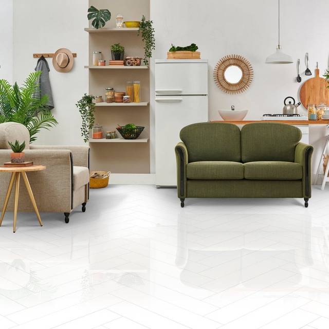 Liberty Floors White - Lustre Herrringbone 6mm High Gloss Luxury Vinyl Flooring (122977)