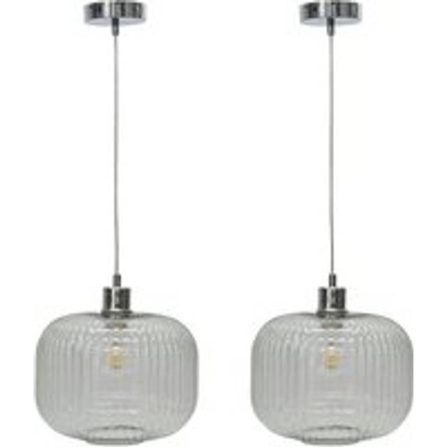 Set of 2 Baton - White Ribbed Oval Glass with Chrome Pendant Fittings