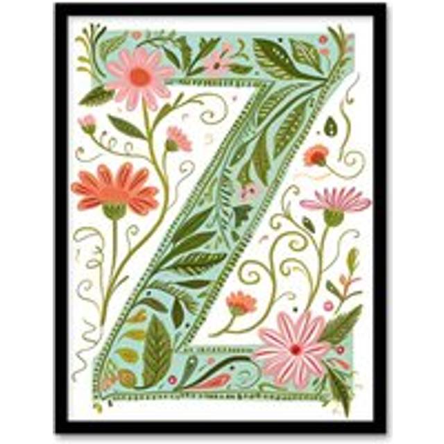 Womens Wall Art Print Letter Z in Bright Watercolour Pretty Wildflowers Floral Word Art Framed - Multi - W12 inch x H16 inch