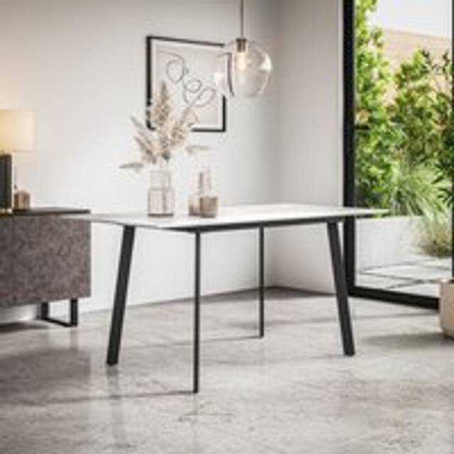 (White Marble Effect) Haydon Extending Dining Table 4-6 Seater w Black Legs