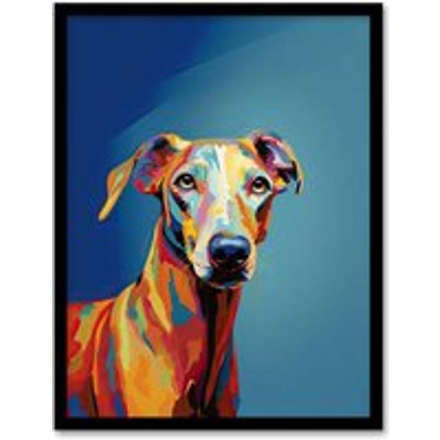 Wall Art Print Greyhound Dog Lover Gift Pet Portrait Orange Blue Artwork Painting Art Framed - Multi - W12 inch x H16 inch
