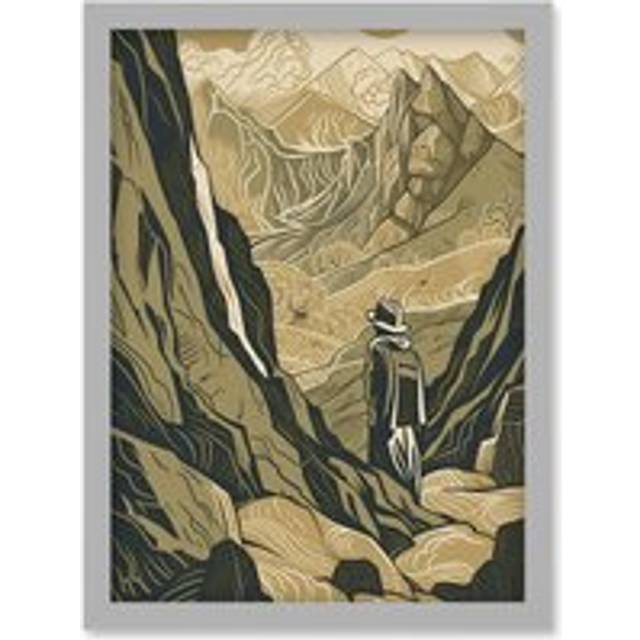 Gold Miner on Rocky Mountain Range Peaks Landscape Artwork Framed Wall Art Print A4 - Grey - One Size