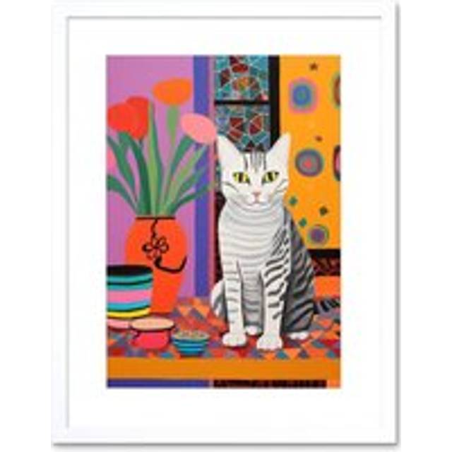 Wall Art Print The Stripey Cat Sits Artwork Potted Flower Plant Henri Matisse Style Painting Home Bold Bright Vibrant Folk Artwork Framed 9X7 Inch - W - White - W7 inch x H9 inch