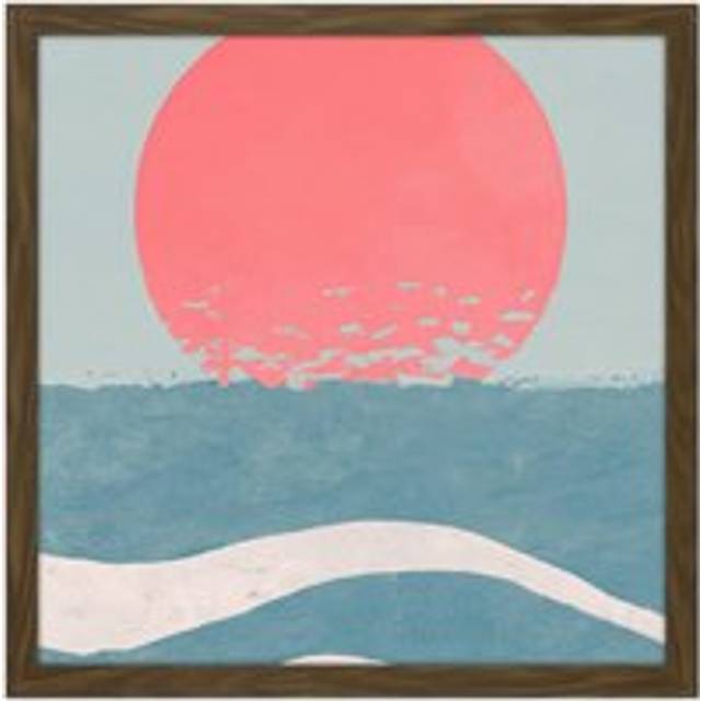 Wall Art Print Japan Inspired Ocean Sunset Sunrise Seascape Abstract Pastel Painting Square Framed Picture 16X16 Inch - Brown - W16 inch x H16 inch