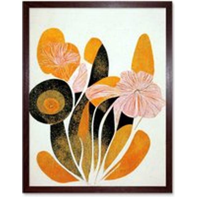 Wall Art Print Linocut Boho Flowers In Autumn Pastel Brown Orange Modern Abstract Art Framed - W12 inch x H16 inch