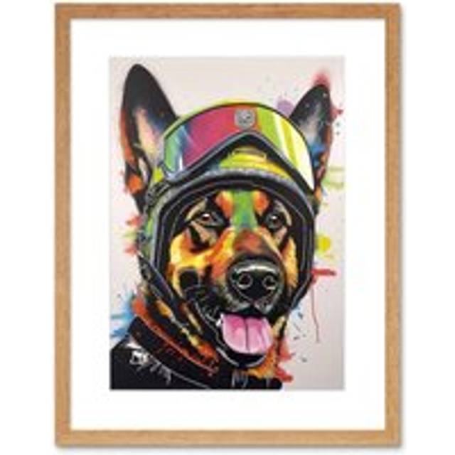 Wall Art Print German Shepherd Dog Wearing Ski Helmet and Goggles Artwork Framed 9X7 Inch - Beige - W7 inch x H9 inch