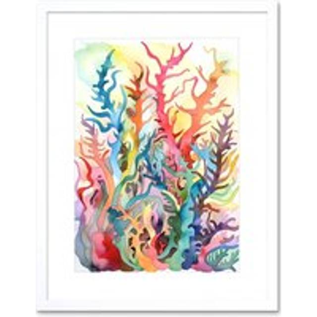 Wall Art Print Multicoloured Seaweed Plant Folk Artwork Framed 9X7 Inch - White - W7 inch x H9 inch