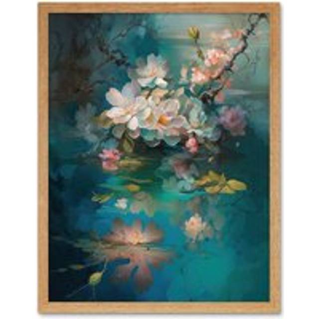 Wall Art Print Low Hanging Cherry Blossom Branch in River Stream Modern Watercolour Painting Art Framed - Tan - W12 inch x H16 inch