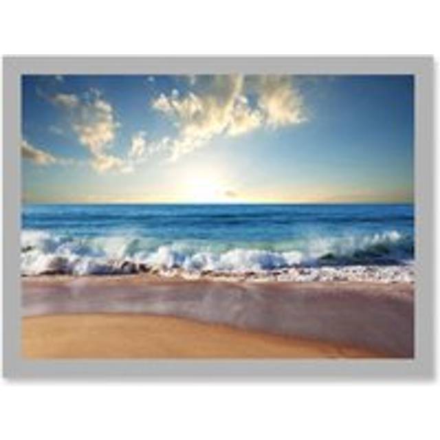 Photo Seascape Beach Sand Ocean Surf Waves A4 Artwork Framed Wall Art Print - Grey - One Size
