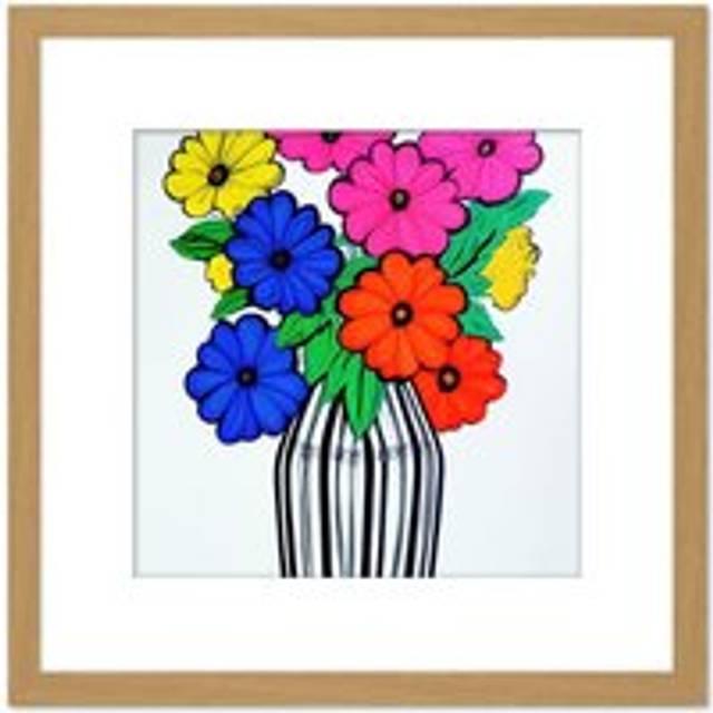 Colourful Daisy Flower Bouquet In Vase Blue Pink Yellow Painting Square Wooden Framed Wall Art Print Picture 8X8 Inch - Tan - One Size