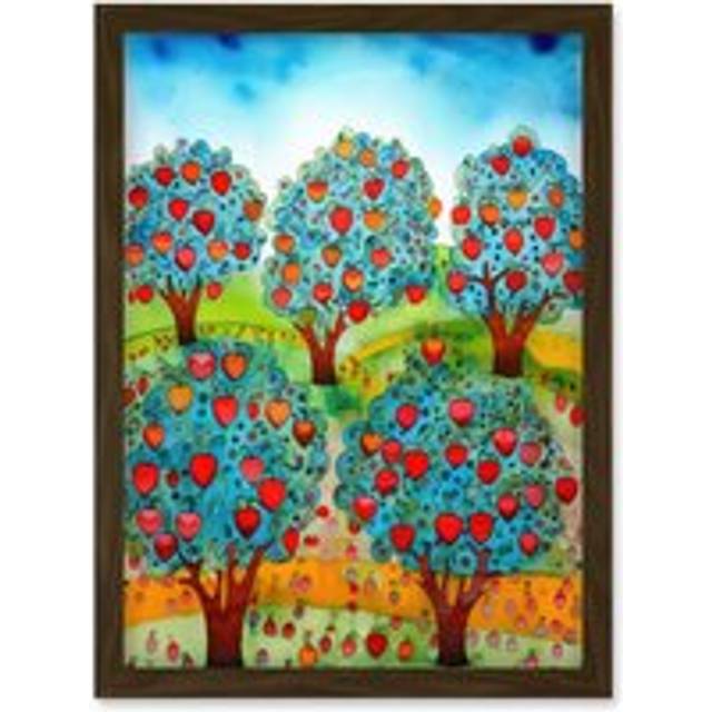 Apple Orchard Trees Ready For Harvest Folk Art Landscape Watercolour Painting Artwork Framed Wall Art Print A4 - Brown - One Size