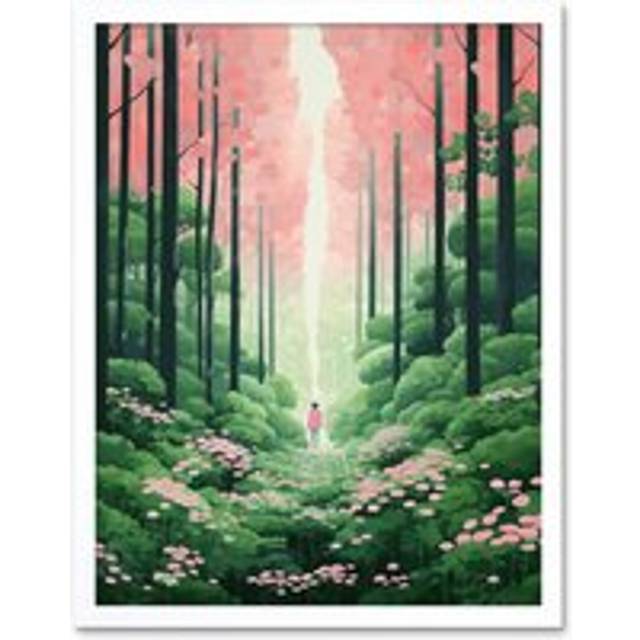 Wall Art Print Mount Yoshino Cherry Blossom Tree Forest Bright Artwork Baby Pink Green Walk in Nature Trail Art Framed - White - W12 inch x H16 inch