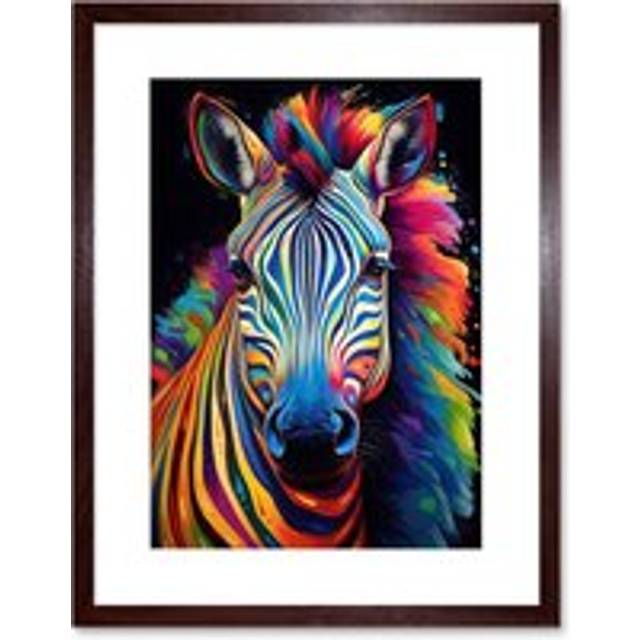 Wall Art Print Rainbow Striped Zebra Colourful Vibrant Bold Psychedelic Neon Impact Artwork Framed 9X7 Inch - Brown - W7 inch x H9 inch
