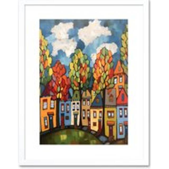 Wall Art Print Multicoloured Row Of Houses With Autumn Trees Contemporary Folk Art Painting Artwork Framed 9X7 Inch - White - W7 inch x H9 inch