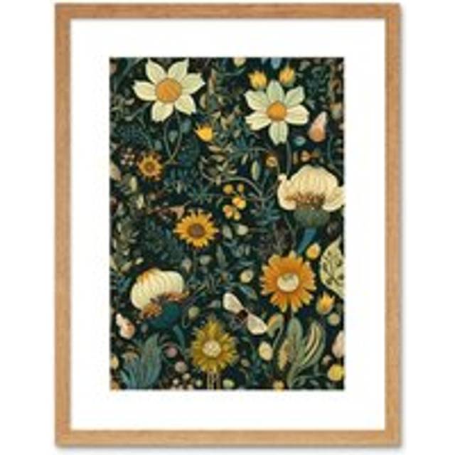 Wall Art Print Bee Flying over Flower Wildflower Spring Field Artwork Framed 9X7 Inch - Beige - W7 inch x H9 inch