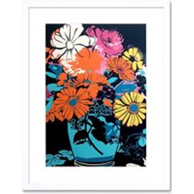 Wall Art Print Flower Bouquet in Vase Linocut Orange Yellow Blue Pink Floral Preppy Aesthetic Artwork Framed 9X7 Inch - White - W7 inch x H9 inch