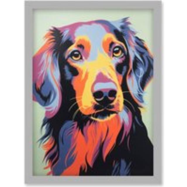 Wall Art Print Long Haired Dachshund Dog Colourful Artwork Orange Blue Purple Pet Portrait Cute Artwork Framed A4 - Grey - A4