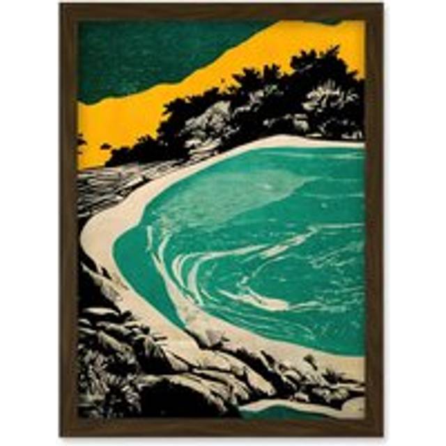 Beach Lagoon Abstract Marbled Seascape Mustard Teal Artwork Framed Wall Art Print A4 - Brown - One Size