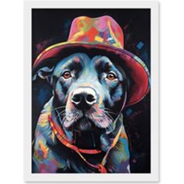 Pit Bull Terrier Dog Red Cowboy Hat Portrait Artwork Framed Wall Art Print A4 - White - One Size