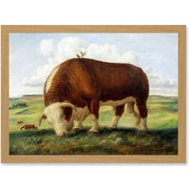 Curry Ajax Hereford Bull Cow Birds Landscape Painting Artwork Framed Wall Art Print A4 - Tan - One Size