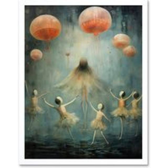 Wall Art Print The Jellyfish Ballet Whimsical Surreal Underwater Dance Artwork Art Framed - White - W12 inch x H16 inch