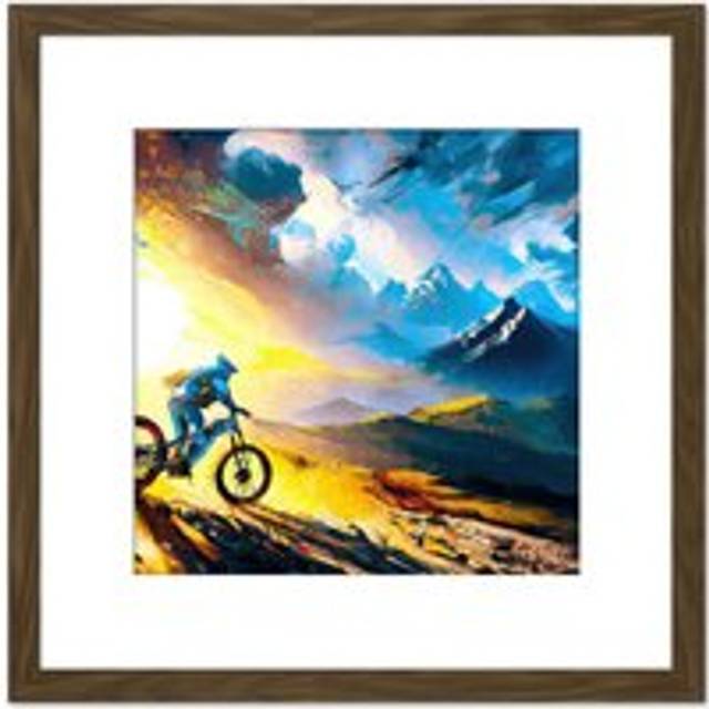 Sunrise Mountain Biker Landscape Freedom Sort Outdoor Painting Square Wooden Framed Wall Art Print Picture 8X8 Inch - Brown - One Size