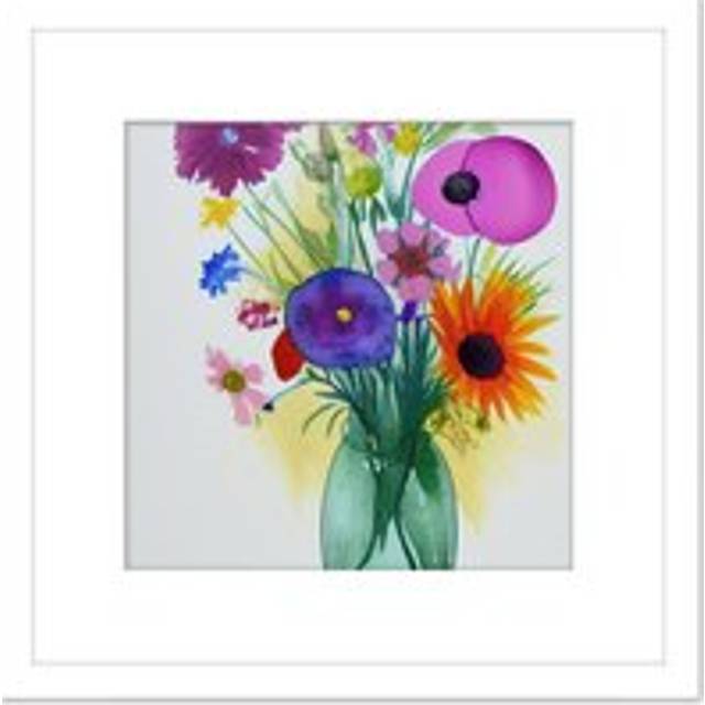 Flower Summer Blooms Bouquet in Green Glass Vase Watercolour Painting Square Wooden Framed Wall Art Print Picture 8X8 Inch - White - One Size