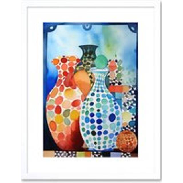 Wall Art Print Polka Dot Glazed Porcelain Ceramic Vases Folk Artwork Framed 9X7 Inch - White - W7 inch x H9 inch